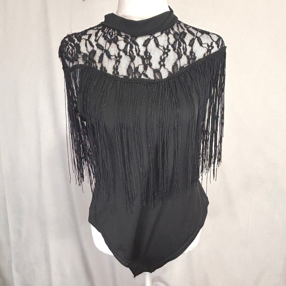 Fringe Lace Bodysuit Womens XL Black Mock Neck Western Clubwear Festival Party